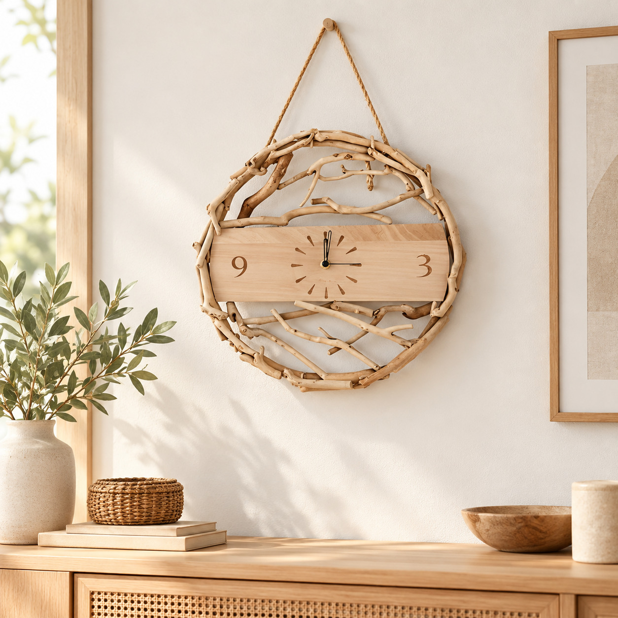 Horloge murale branches naturelles en bois dans un intérieur chaleureux et naturel