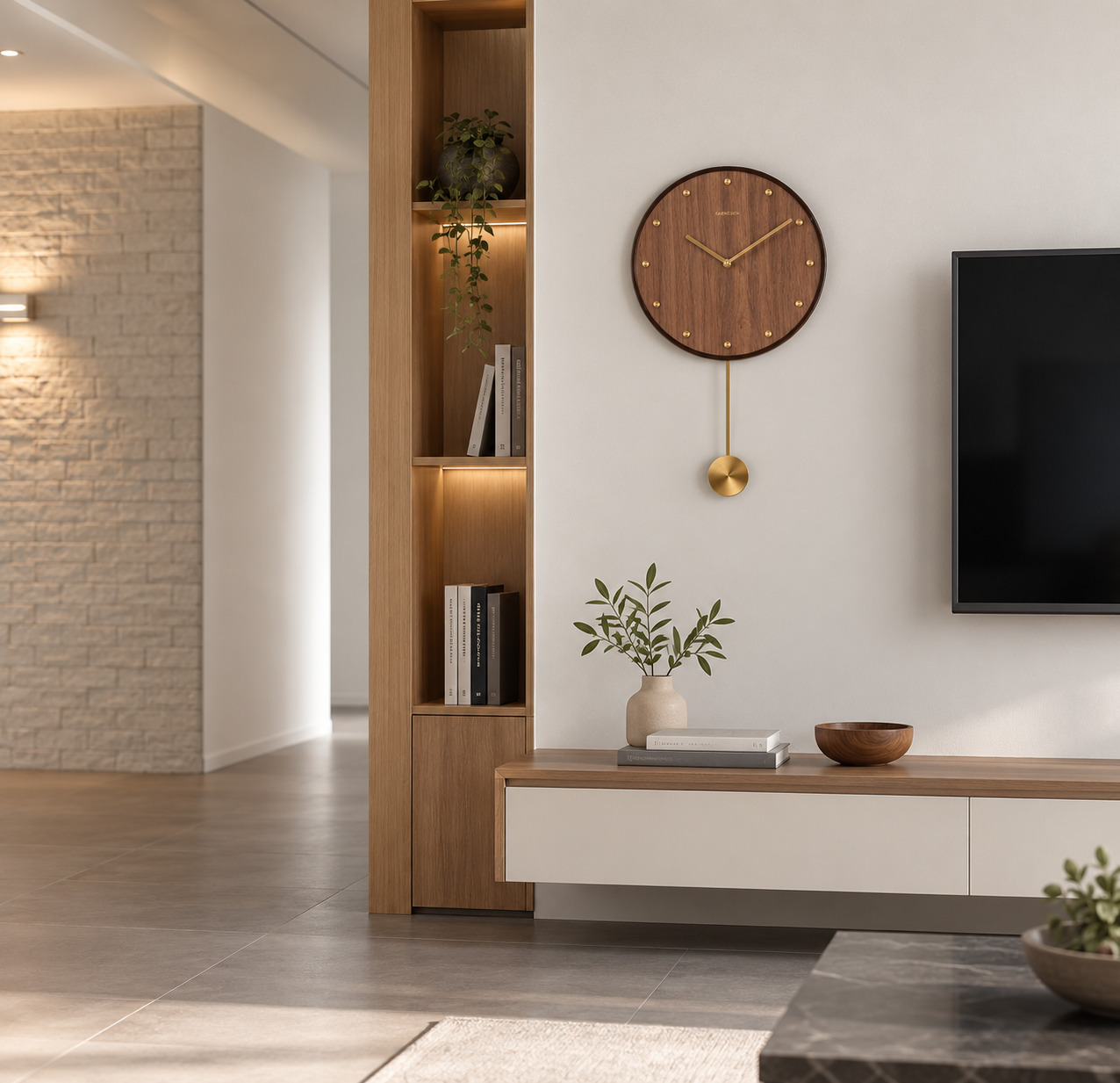Horloge murale en bois de noyer avec balancier doré dans un salon moderne