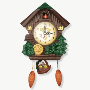 Horloge coucou forêt en bois avec arbres verts, cadran rond et poids décoratifs