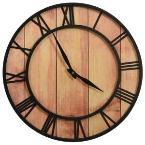 Horloge murale ronde en bois brun et métal noir avec chiffres romains