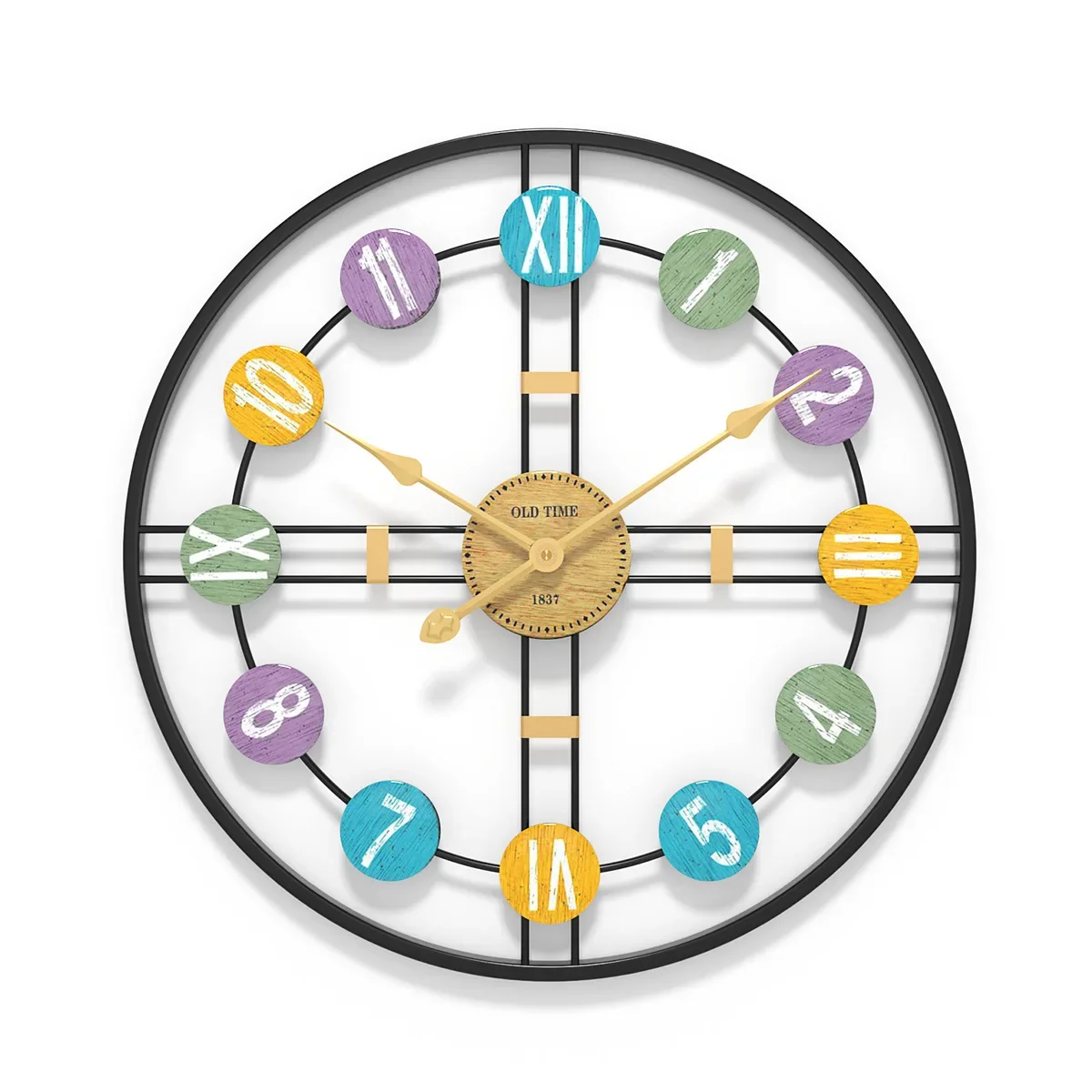 Horloge murale design noire avec chiffres romains colorés