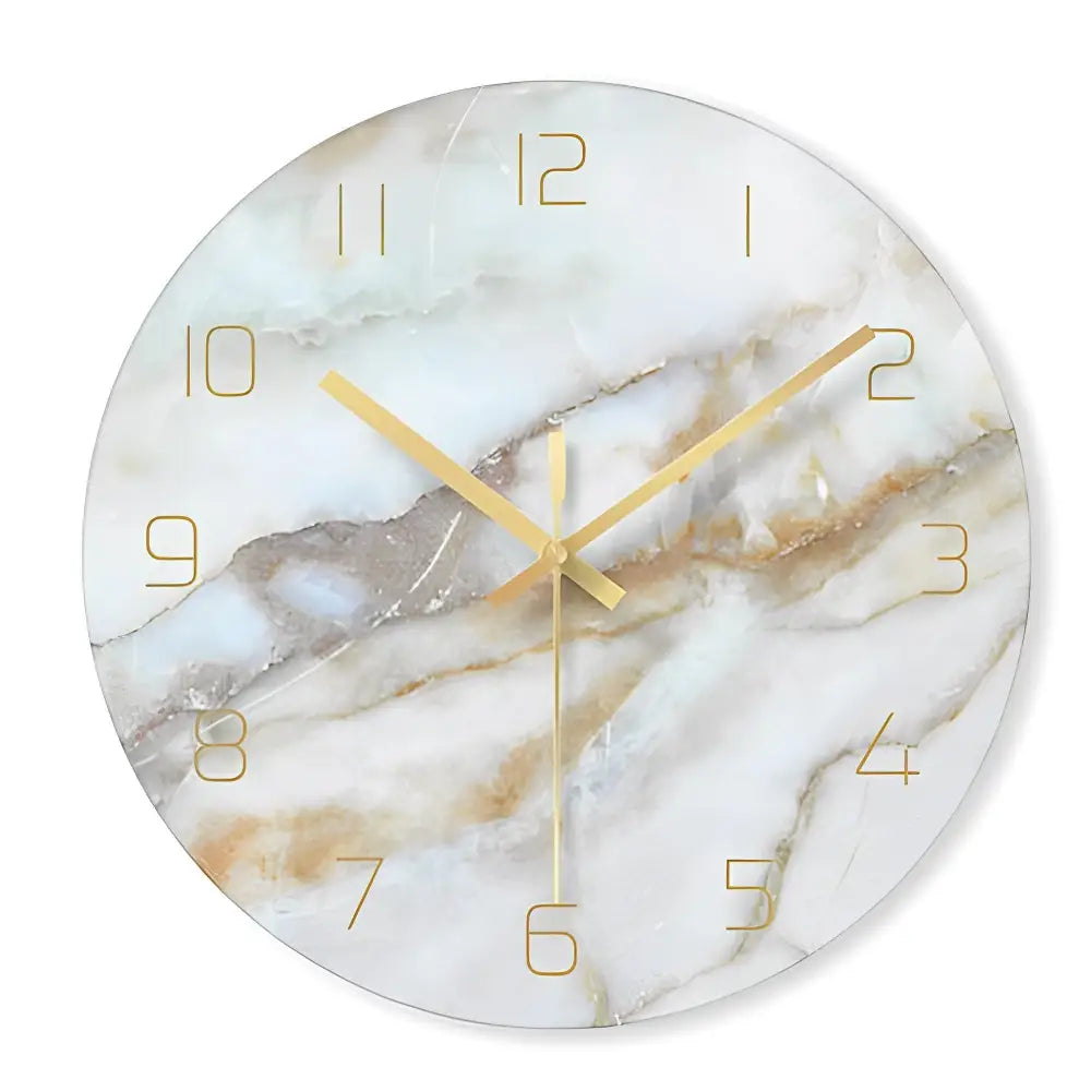 Horloge murale design en verre effet marbre blanc avec chiffres dorés