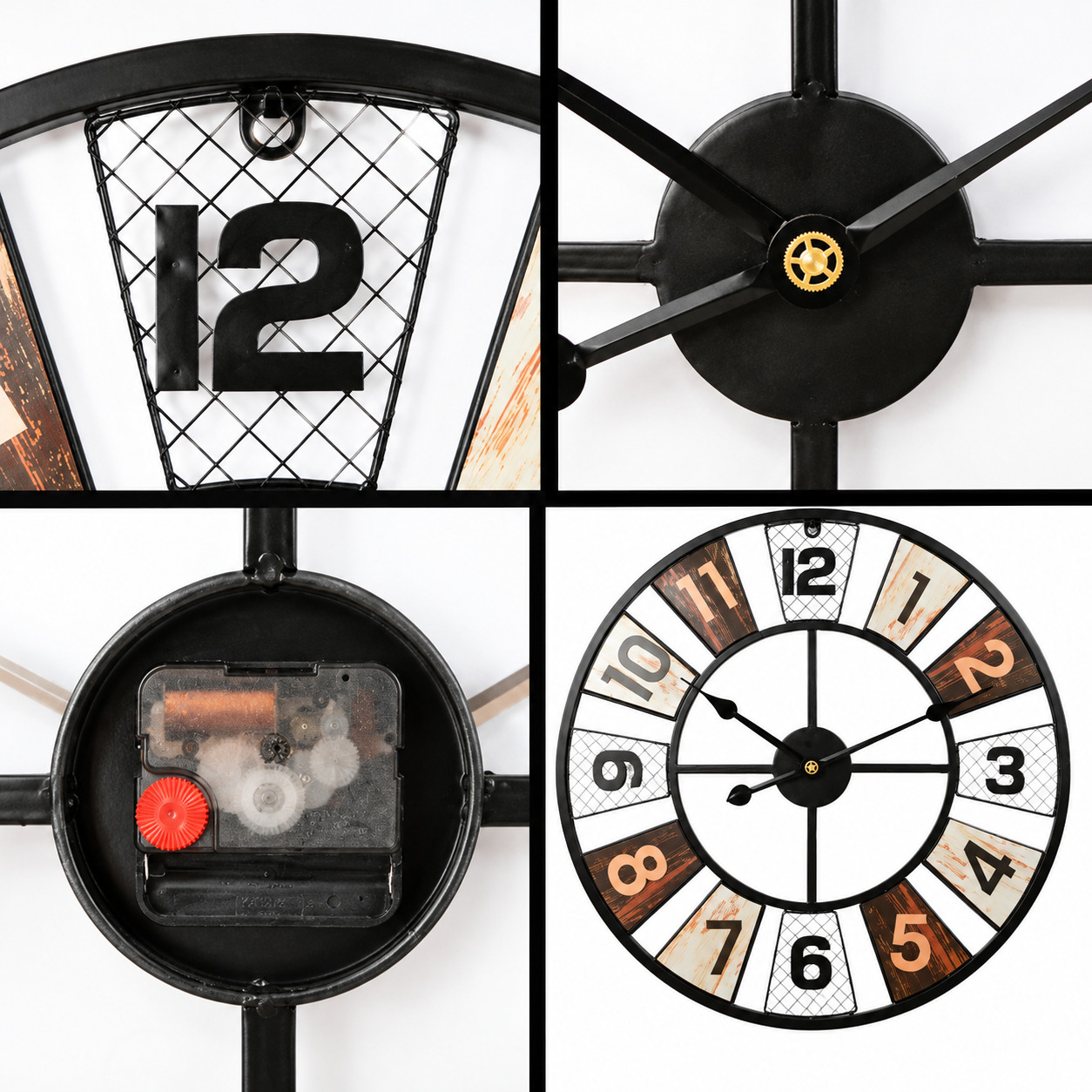 Horloge murale industrielle avec détails du cadran, du mécanisme et du centre