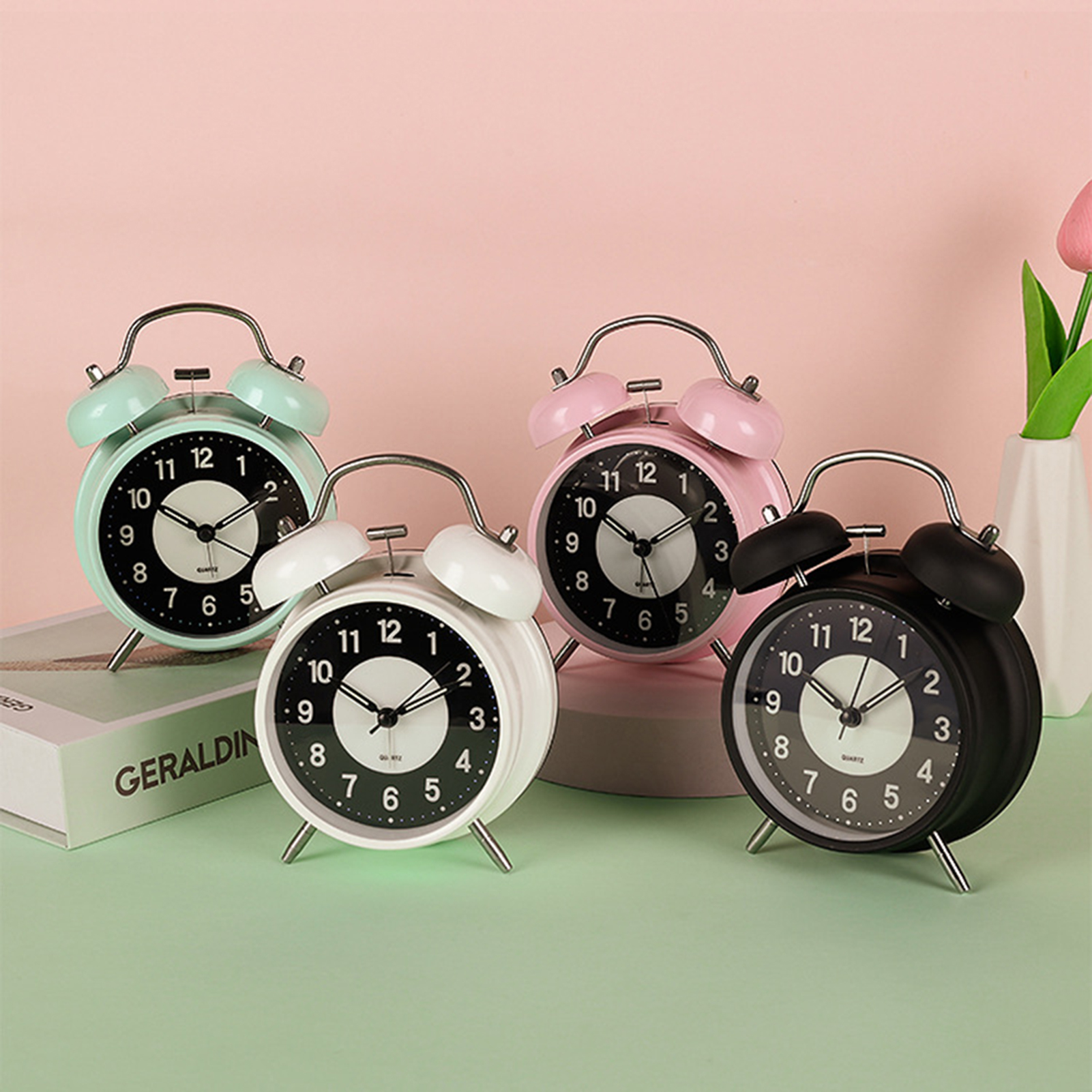 Horloges réveil à double cloche noir blanc rose et vert pâle
