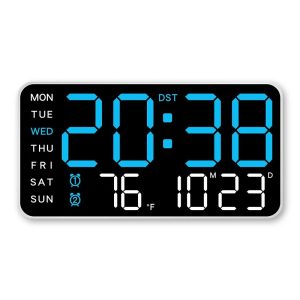 Horloge murale numérique LED à boîtier blanc avec affichage bleu, heure, date et température