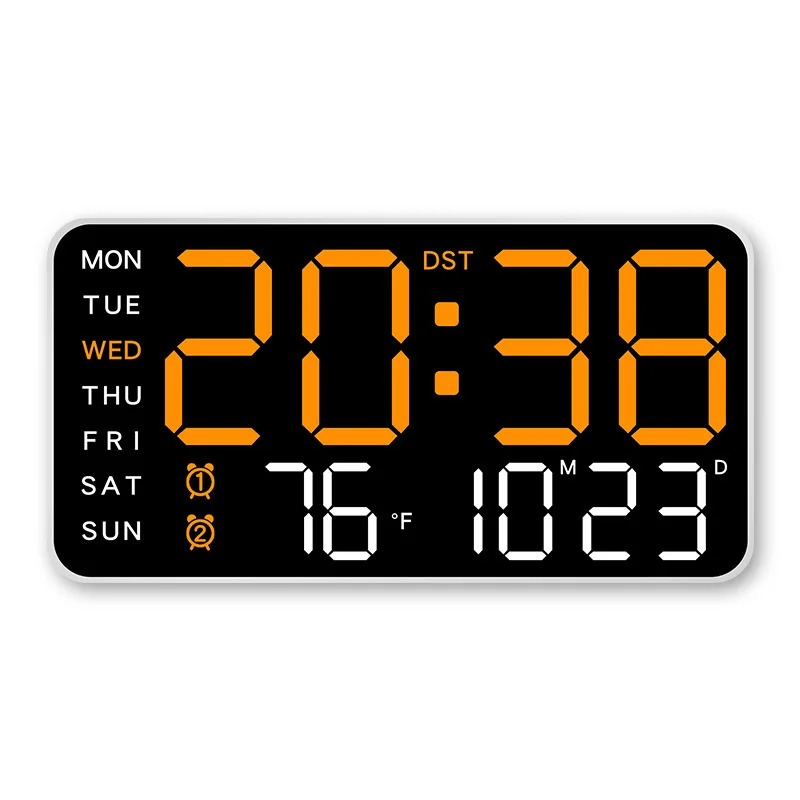 Horloge murale numérique LED à boîtier blanc avec affichage orange, heure, date et température