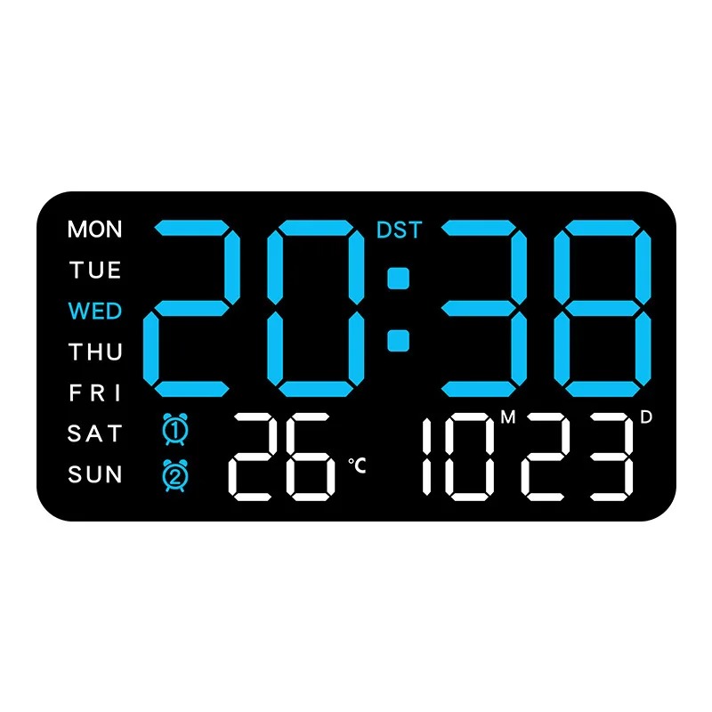 horloge murale numérique LED à boitier noir et affichage bleu, heure, date et température