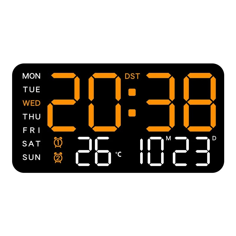 Horloge murale numérique LED à boîtier noir avec affichage orange, heure, date et température