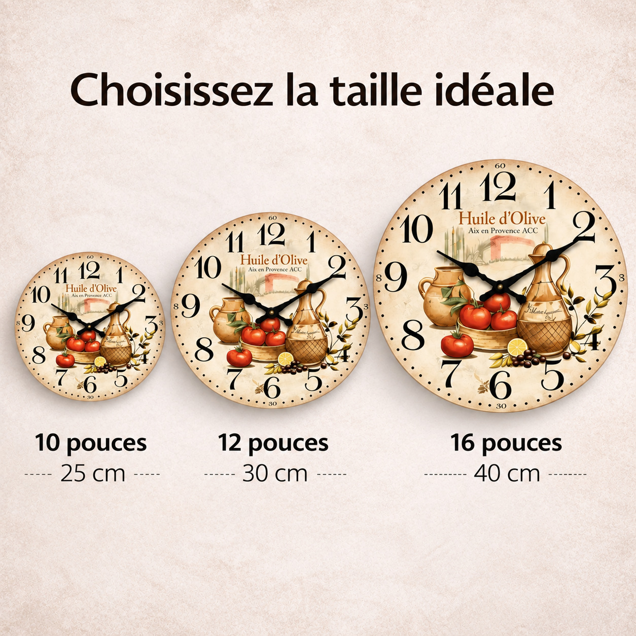 Horloge murale Provence en 10, 12 et 16 pouces – 25, 30 et 40 cm