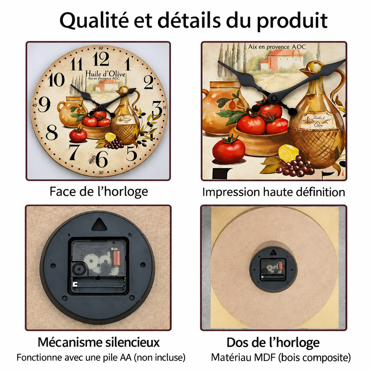 Horloge murale Provence avec impression haute définition et mécanisme silencieux à pile AA