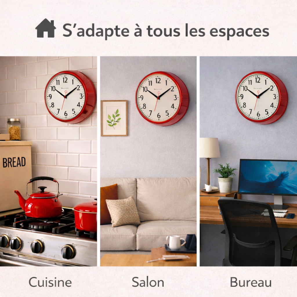 Horloge Murale Cuisine Vintage Silencieuse – Style 1950, 24 cm Rouge – Image 9