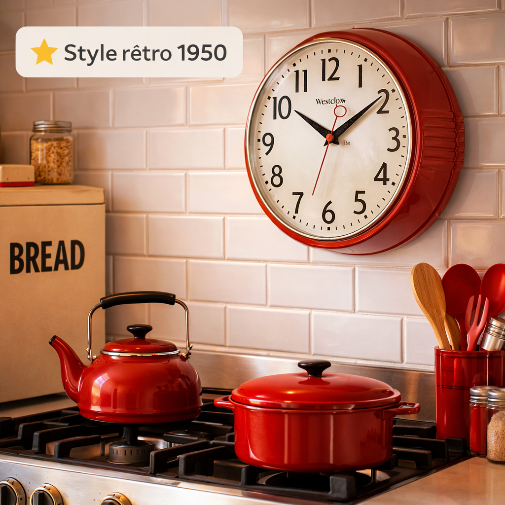 Horloge Murale Cuisine Vintage Silencieuse – Style 1950, 24 cm Rouge – Image 11