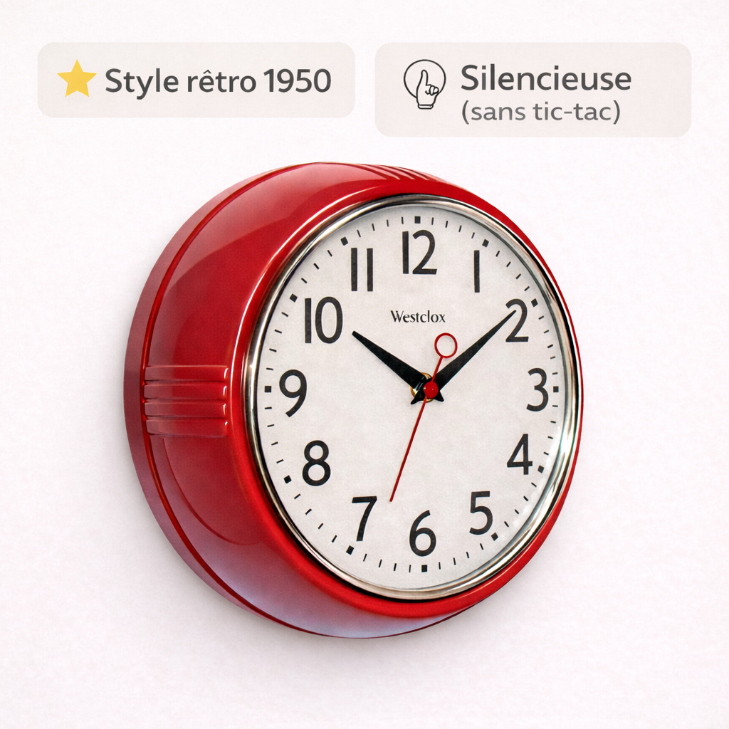 Horloge Murale Cuisine Vintage Silencieuse – Style 1950, 24 cm Rouge – Image 2