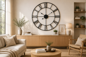 Horloge murale XXL noire au-dessus d'un buffet en bois.
