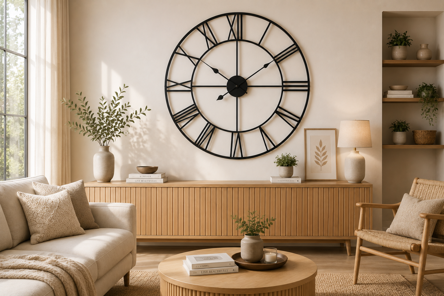 Horloge murale XXL noire au-dessus d'un buffet en bois.