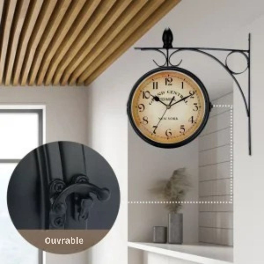 Horloge murale double face vintage avec support en métal noir et porte ouvrante