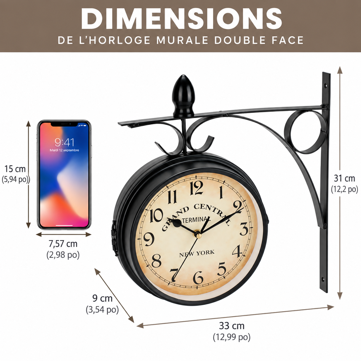 Dimensions de l'horloge murale double face vintage avec support en métal