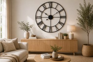 Grande horloge murale noire style industriel dans un salon moderne.