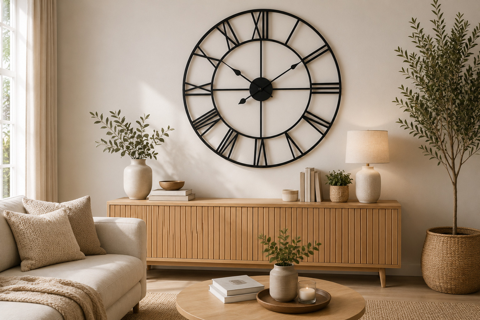 Grande horloge murale noire style industriel dans un salon moderne.