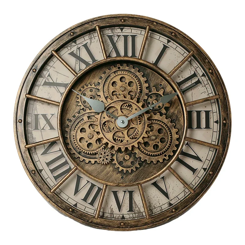 horloge murale bronze à engrenages et chiffres romains